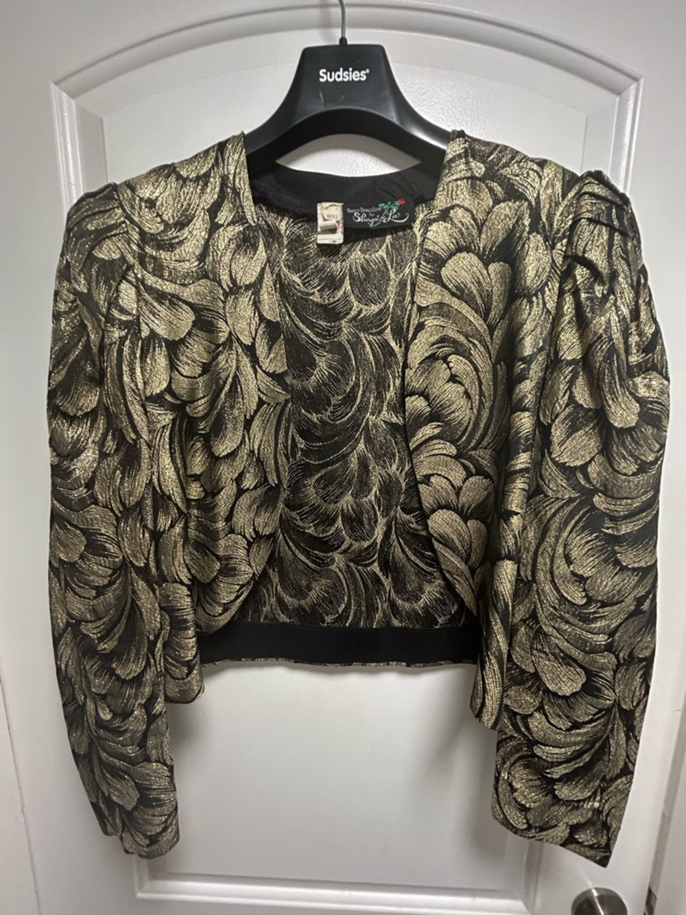 Vintage Metallic Cropped Jacket Top Gold Black Statement Puff Sleeve Bolero
